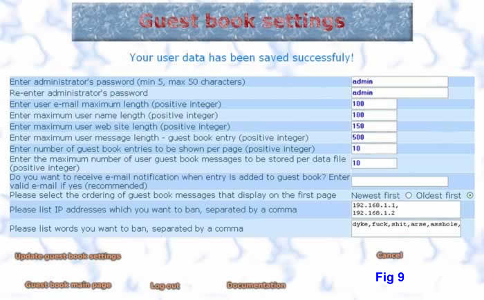 Guest book secure area settings editing form